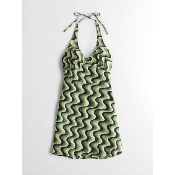 NWT Hollister green groovy print halter mini dress (medium short) - Picture 1 of 6